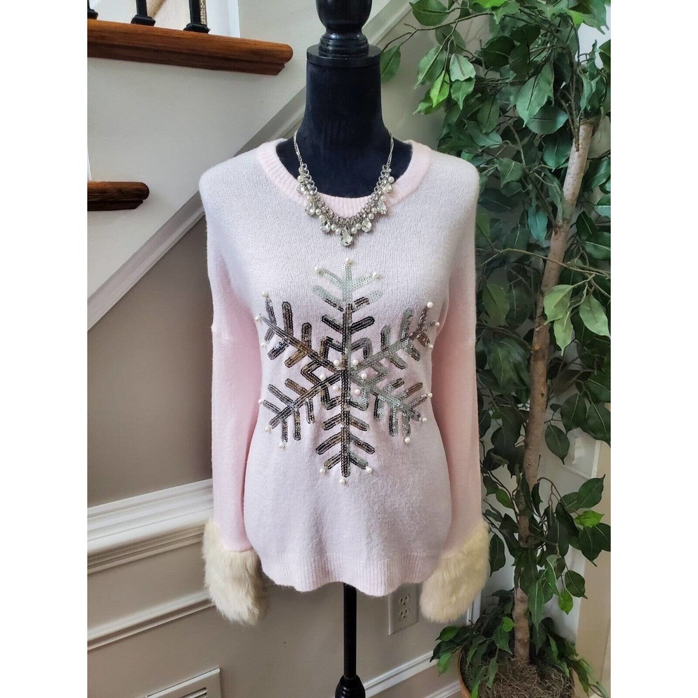 Holiday Time Women Pink Acrylic Round‎ Neck Long Sleeve Pullover Knit Sweater XL